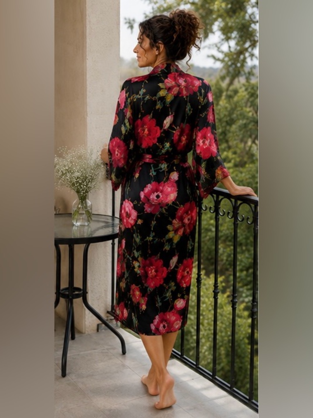 Natori Floral Satin Kimono Robe Black Pink Red Belted Lounge Cover Up Size Small - Picture 4 of 14